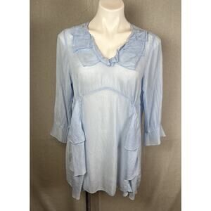 VTG Babydoll Blouse Size Large Boho Fairy Romantic Cottagecore Ruffle Light Blue